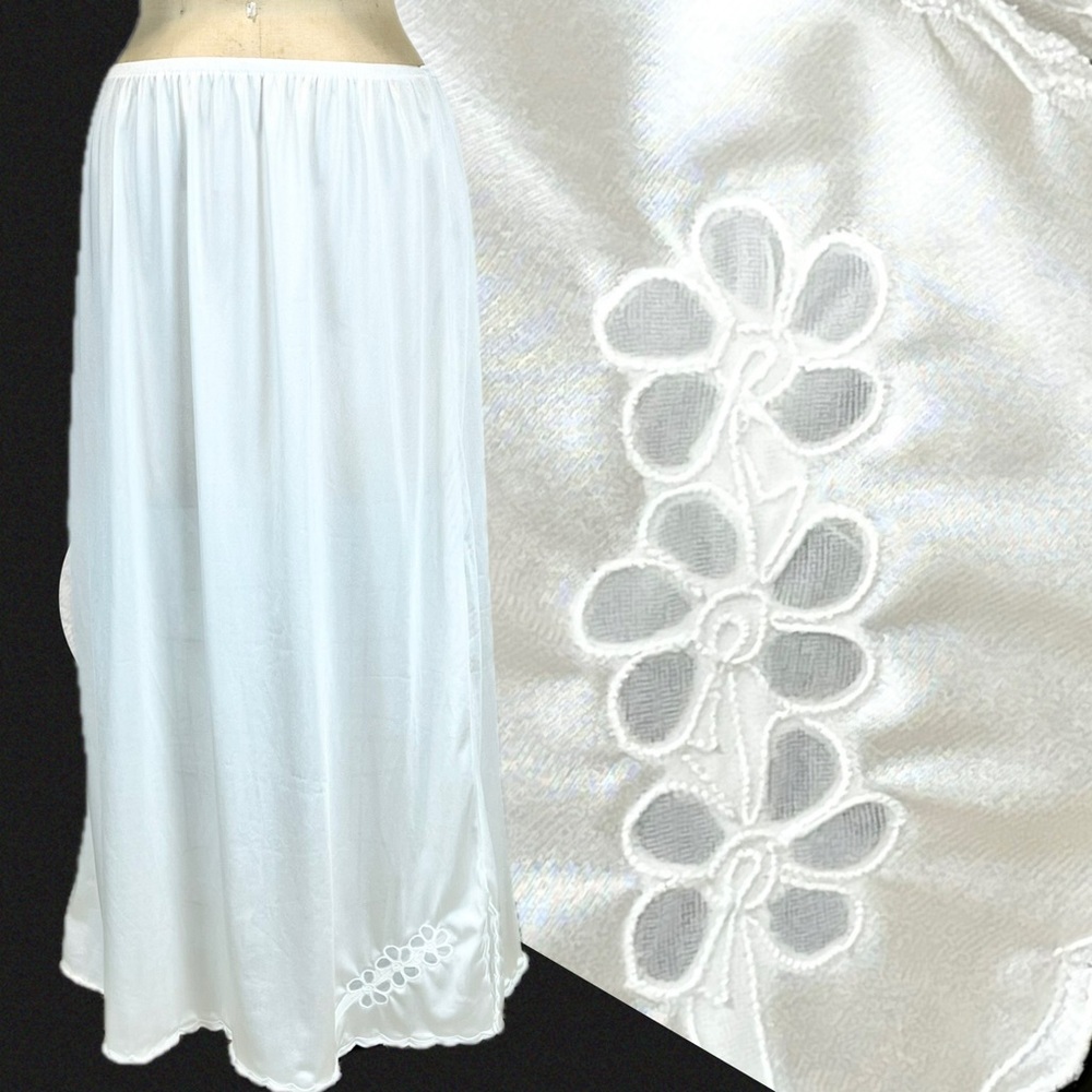 VINTAGE nylon silky dress slip full length maxi embroidered floral elastic waist